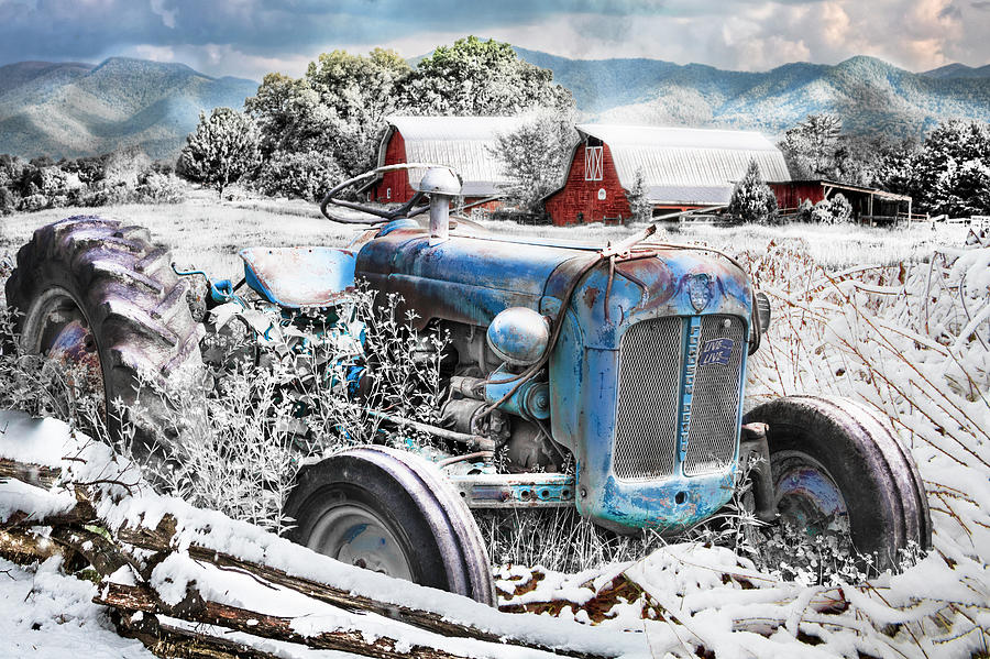 Blue Tractor at the Twin Barns in Snow Photograph by Debra and Dave Vanderlaan