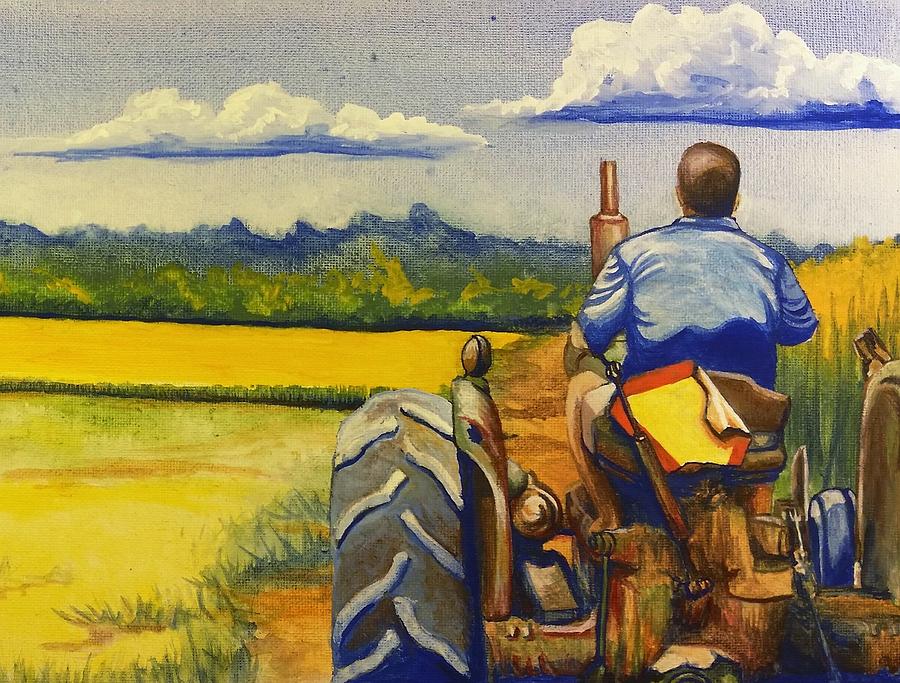 Farm Painting - Blue Tractor by Pamela Faber-Greaves