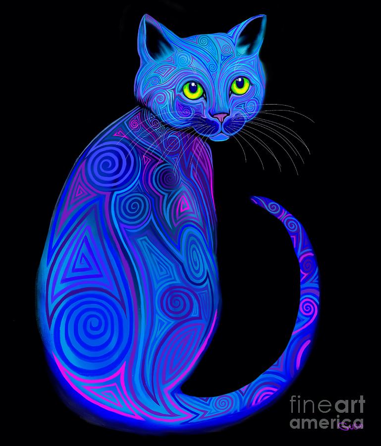 Blue Tribal Cat Digital Art by Nick Gustafson
