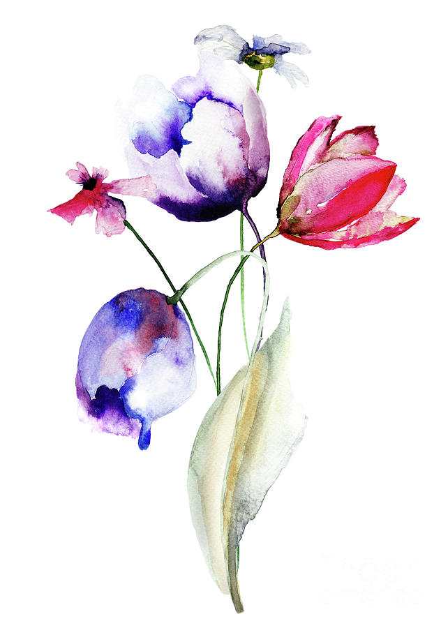 Blue Tulips flowers with wild flowers Painting by Regina Jershova