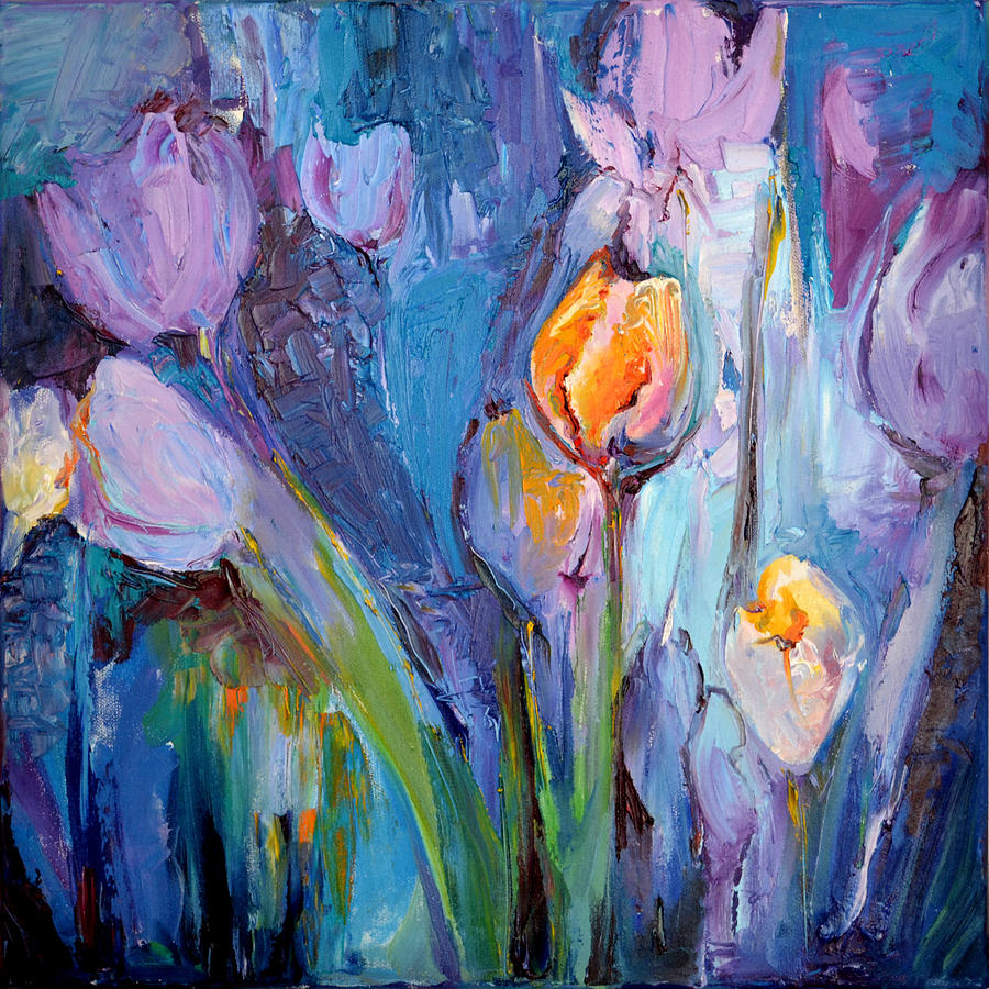 Blue Tulips Modern Painting Flower Oil Painting, Floral Painting Painting