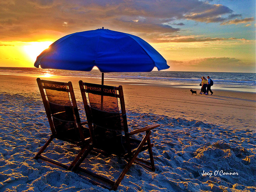 Blue Umbrella Beach Chairs Sunrise Photograph by Joey OConnor Photography