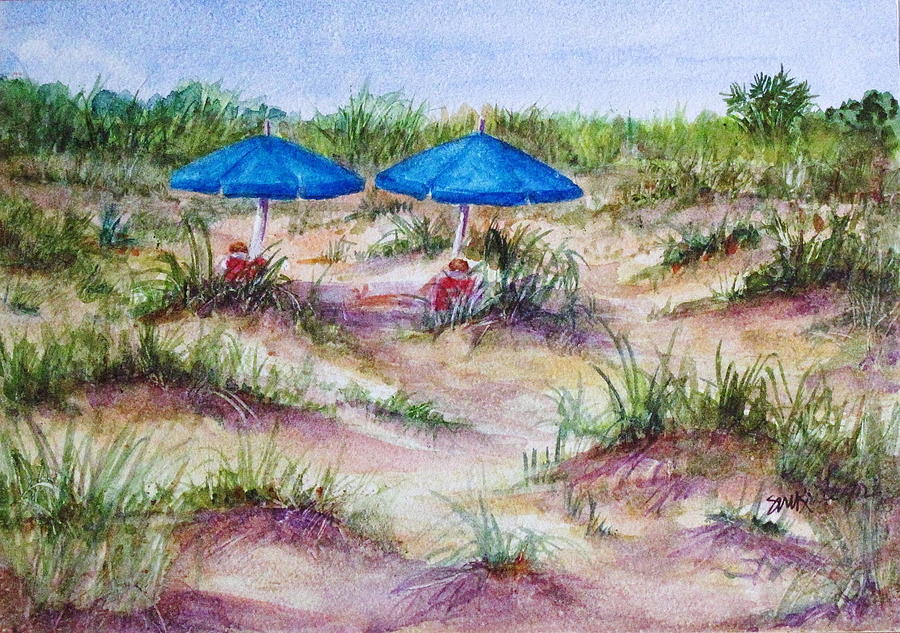 Blue Umbrellas in the Dunes Painting by Suzanne Krueger