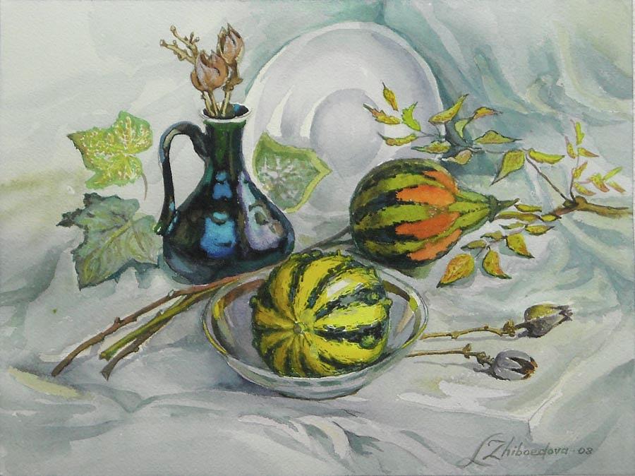 Blue Vase and Gourds Painting by Lyubov Jiboedova