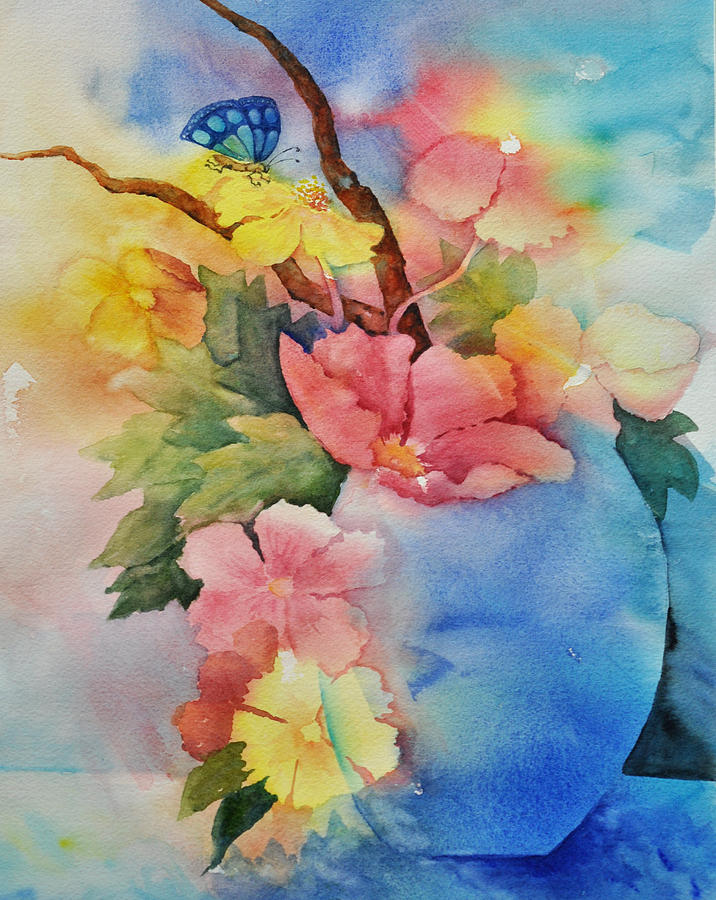 Blue Vase Bouquet Painting by Sandy Fisher