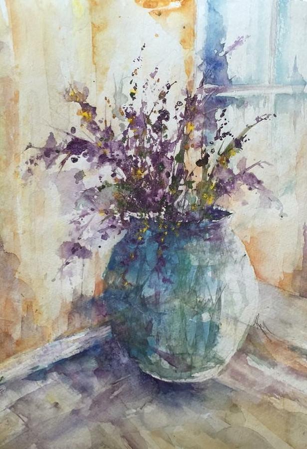 Blue Vase of Lavender and Wildflowers aka Vase Bleu Lavande et Wildflowers  Painting by Robin Miller-Bookhout