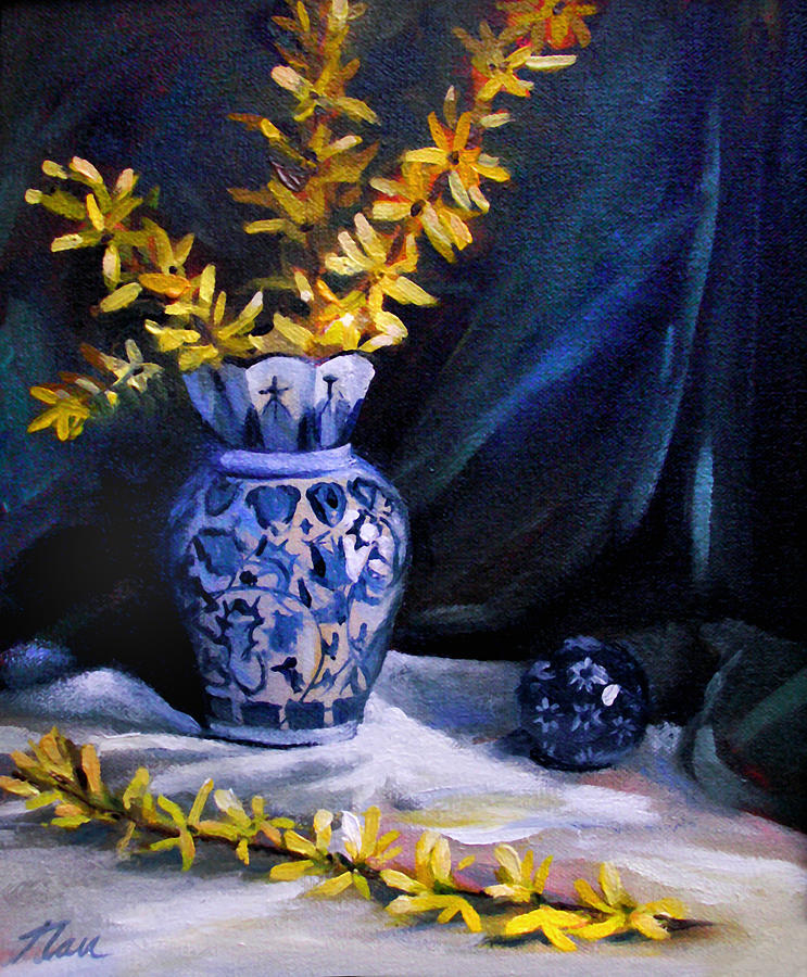 Still Life Painting - Blue Vase with Forsythia  by Nancy Griswold