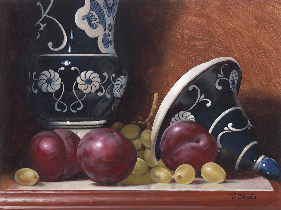 Still Life Painting - Blue Vase with Plums by Timothy Jones
