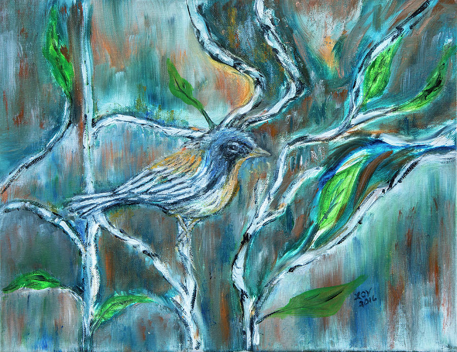 Blue Warbler in Birch Painting by Lucille Valentino