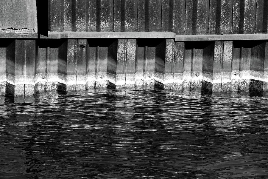 Blue Water Retaining Wall 2 BW Photograph by Mary Bedy