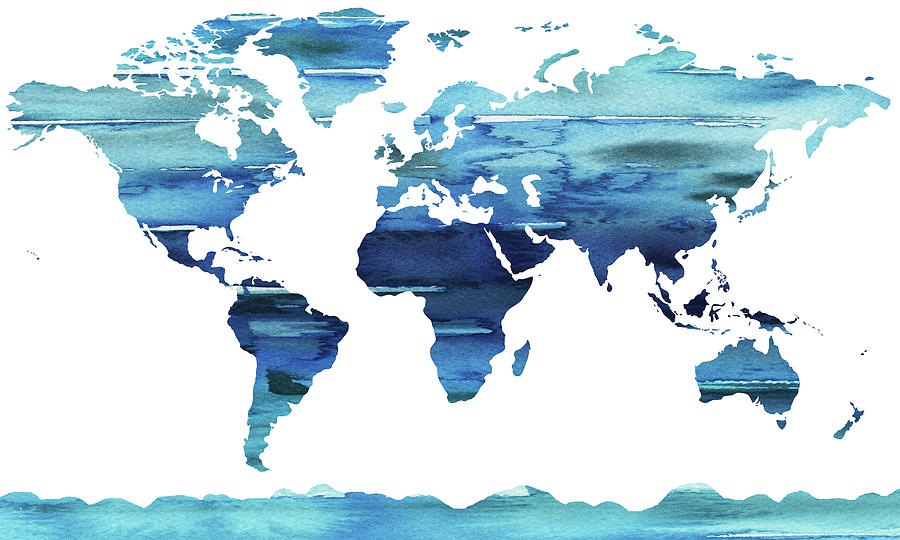 Blue Watercolor Earth World Map Painting by Irina Sztukowski