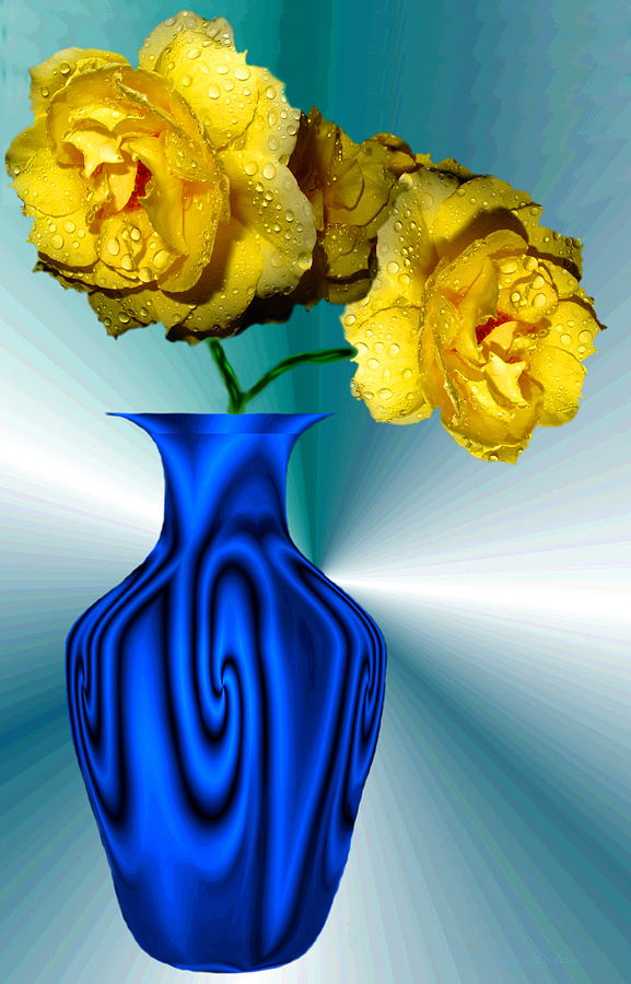 Blue Wave Vase And Yellow Roses Photograph by Joyce Dickens