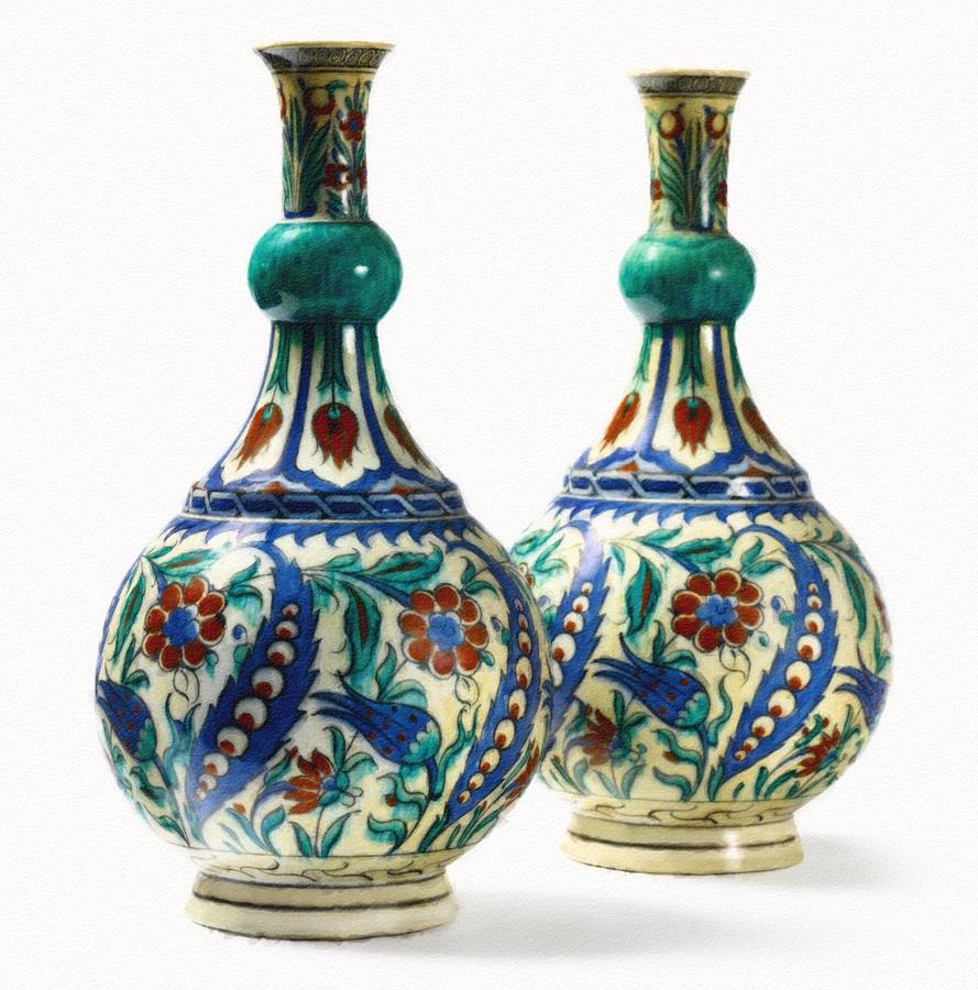 Blue White And Red Turkish Chinoiserie Pottery Vases No 2