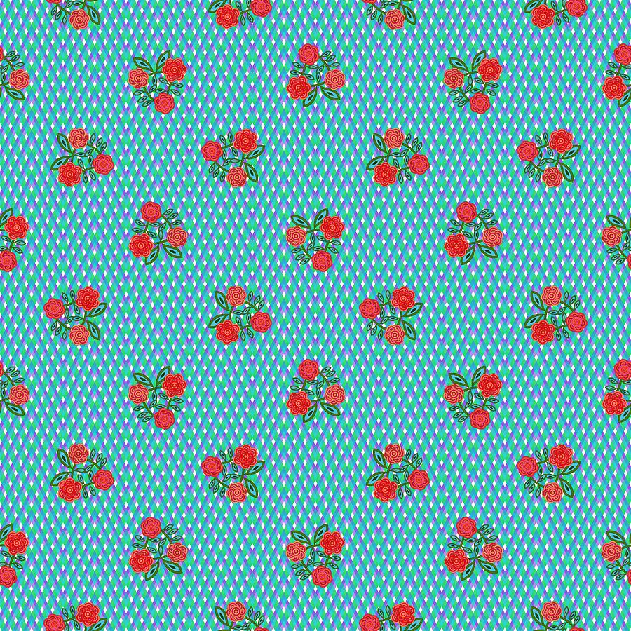 Blue White Geometric Design With Red Flowers Digital Art