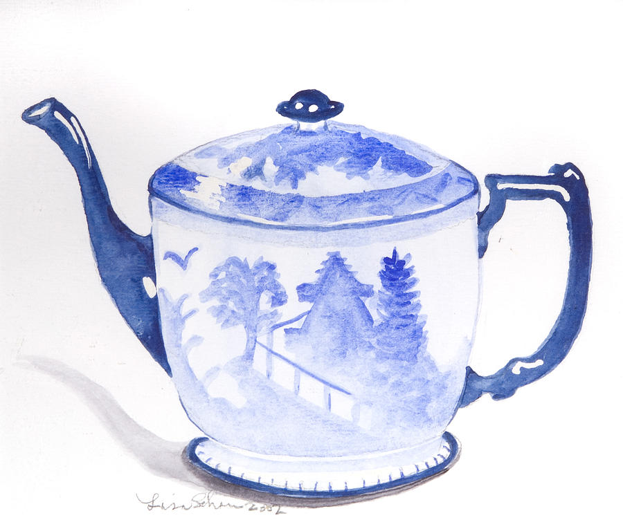 Teapot Painting - Blue Willow Teapot by Lisa Schorr