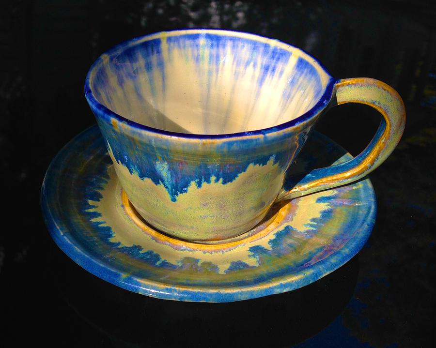 Blue with Northern Lights Teacup and Saucer Ceramic Art by Polly Castor