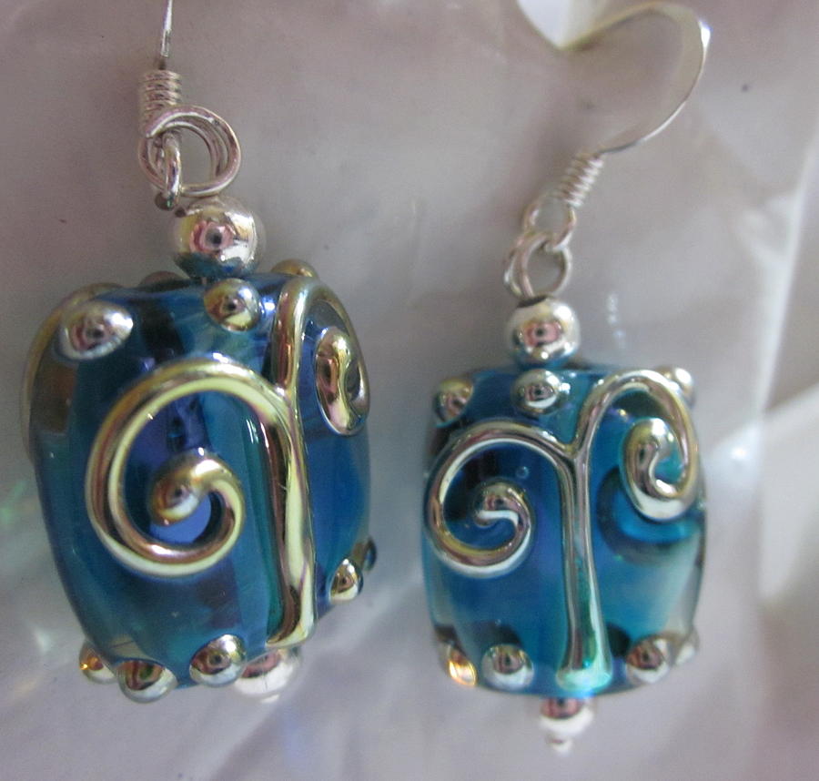 Abstract Jewelry - Blue with Silver Swirl Earrings by Janet  Telander