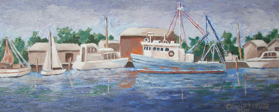Blue Work Boat Painting by Tony Caviston
