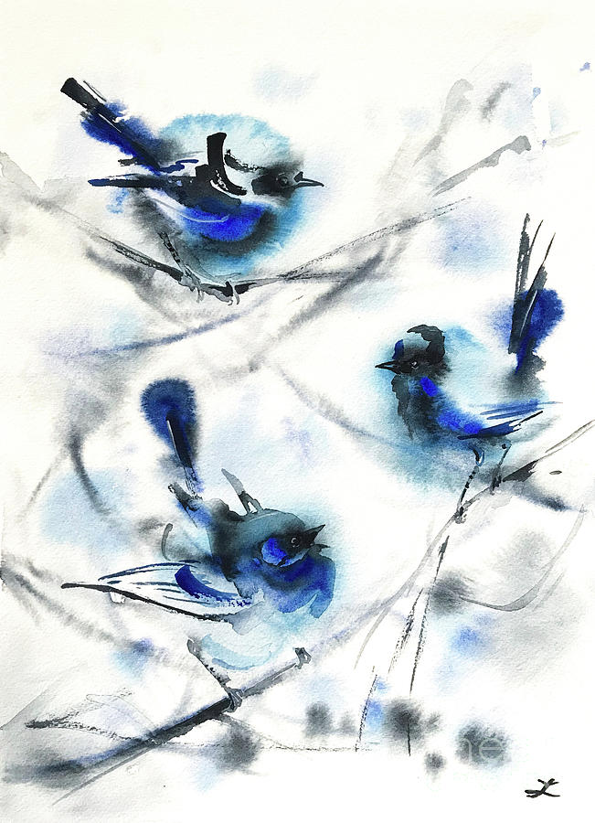Blue Wrens Painting by Zaira Dzhaubaeva