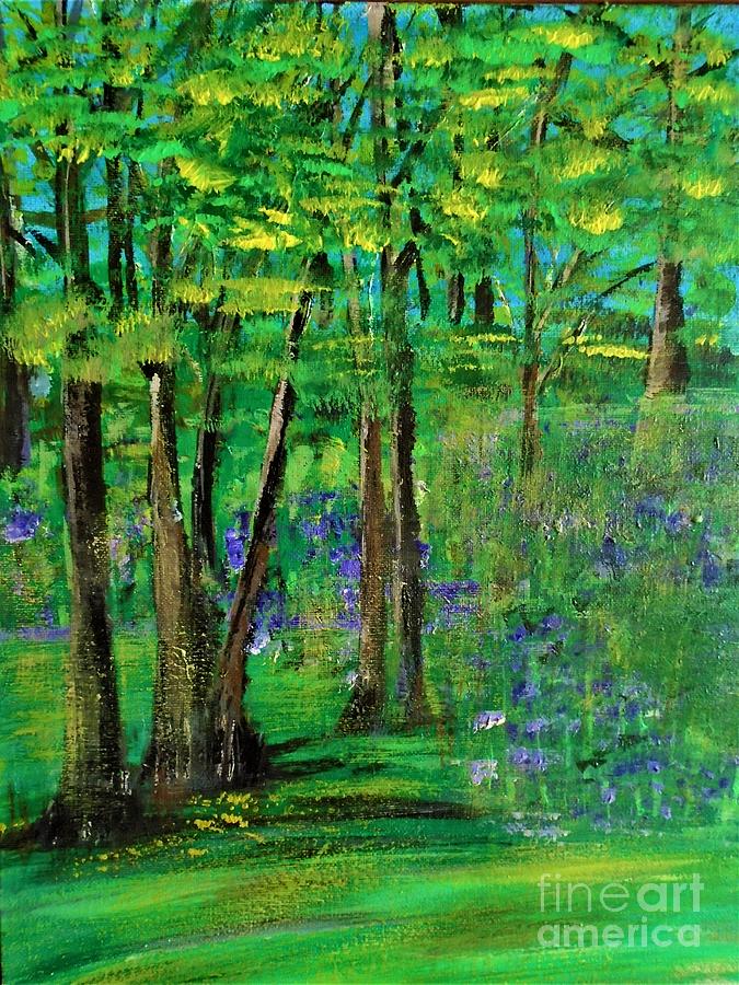 Bluebells at the river Charente, France Painting by Angela Cartner