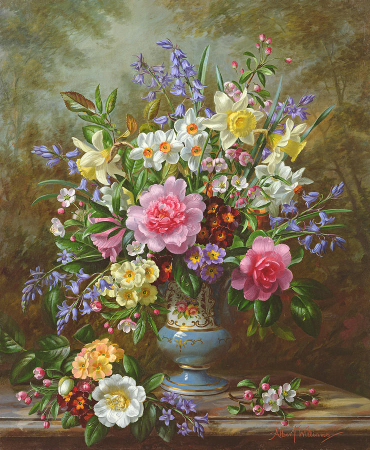 Spring Painting - Bluebells daffodils primroses and peonies in a blue vase by Albert Williams