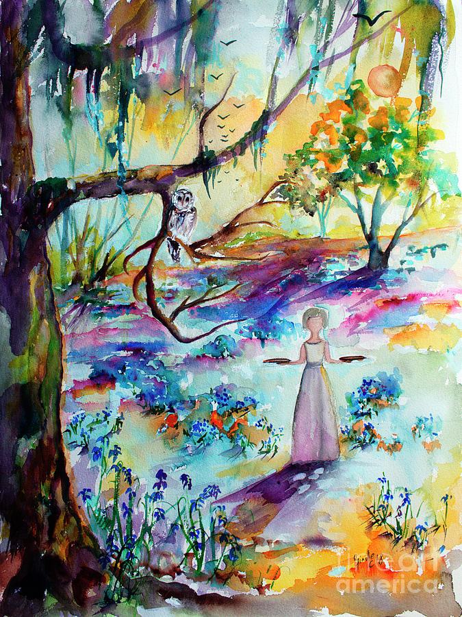 Bluebells Forest and Savannah Bird Girl Watercolor Painting by Ginette Callaway