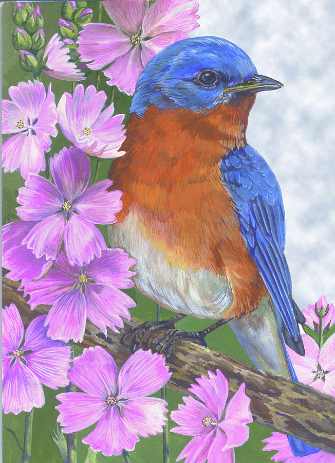 Blue Bird Pink Flowers 1859 Canvas Art Print Poster
