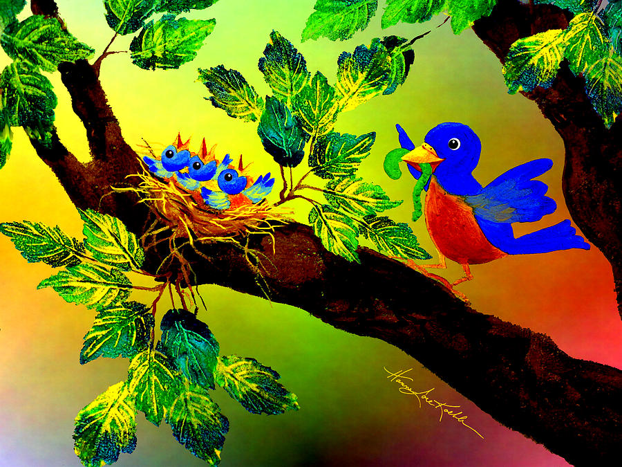 Bluebird Painting - Bluebird Baby Breakfast by Hanne Lore Koehler