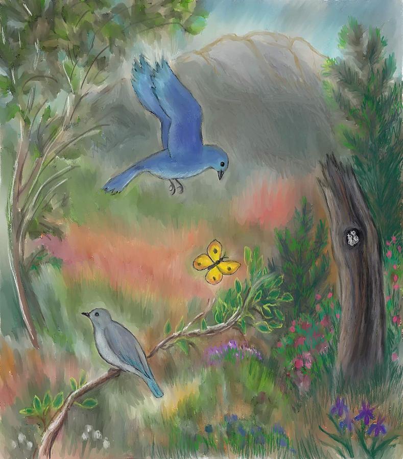 Bluebird Family in the Draw teen pastel Painting by Dawn Senior