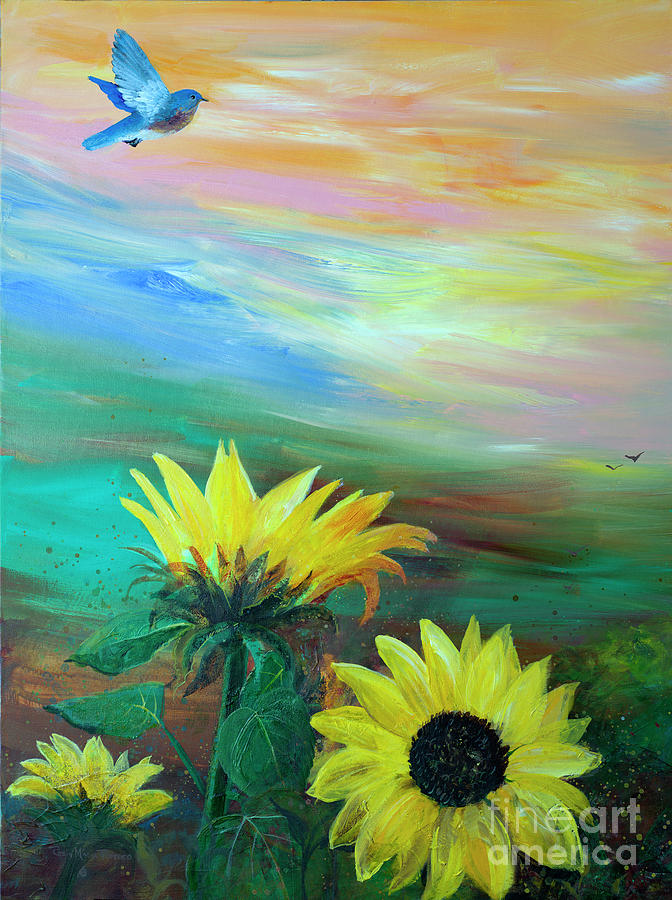 Bluebird Painting - Bluebird Flying Over Sunflowers by Robin Pedrero
