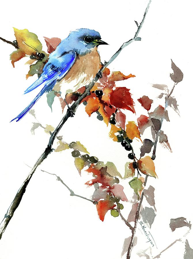 Bluebird in The Fall Painting by Suren Nersisyan