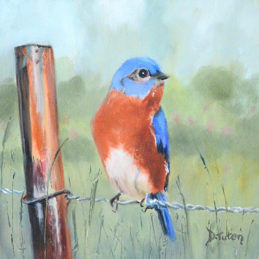 Bluebird on Barbed Wire Oil Painting Painting by Donna Tuten