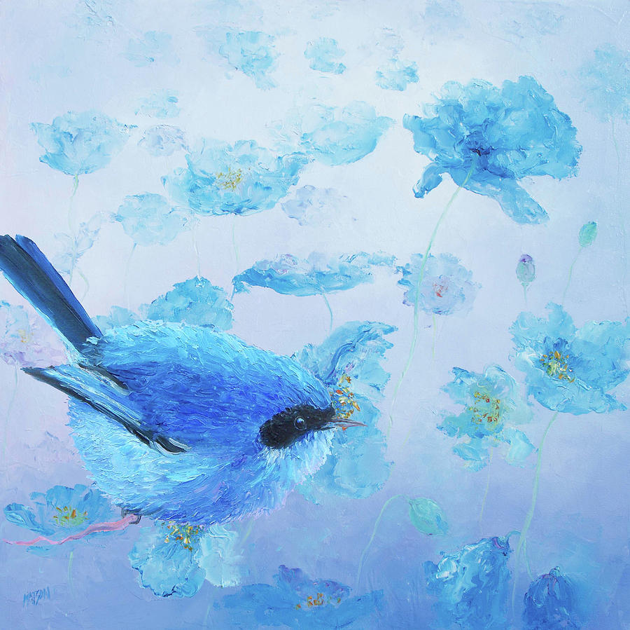 Bluebird on blue poppies Painting by Jan Matson