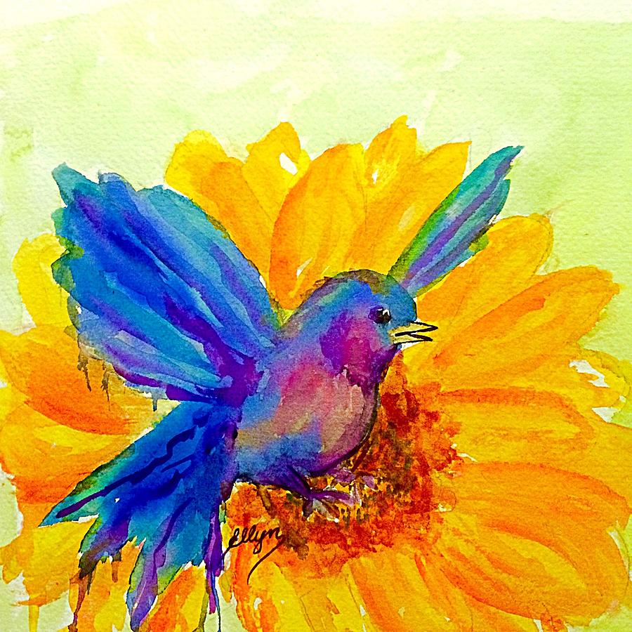 Bluebird on Sunflower  Painting by Ellen Levinson