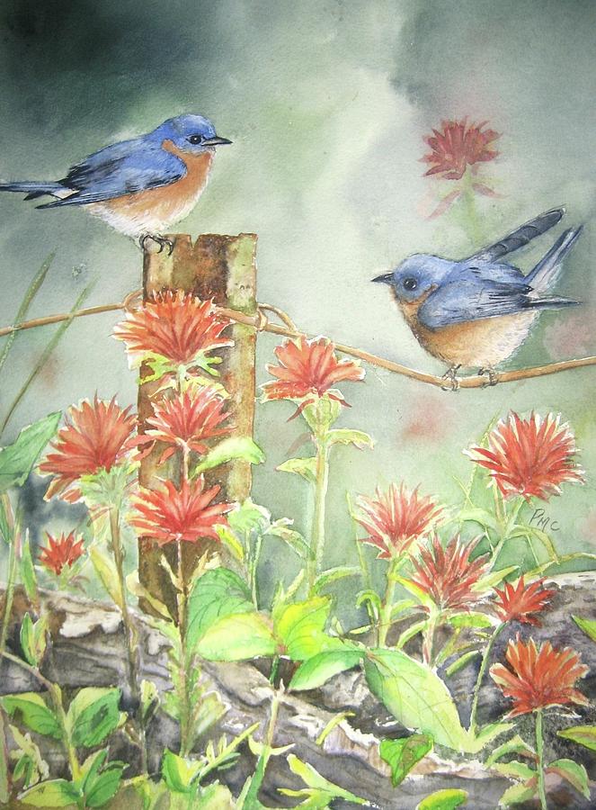 Wildlife Painting - Bluebirds and Indian paintbrush by Patricia Pushaw