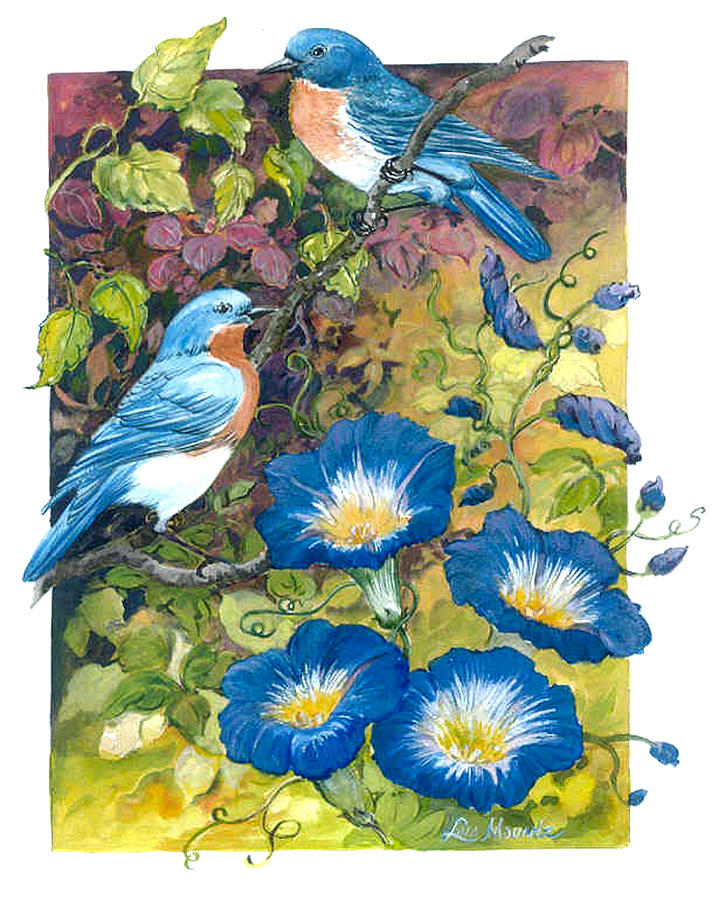 Bluebirds and Morning Glories Painting by Lois Mountz
