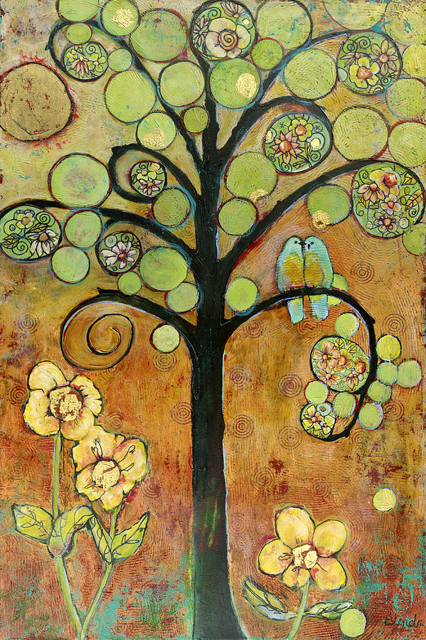 Nature Painting - Boho Bluebird Tree of Life by Blenda Studio