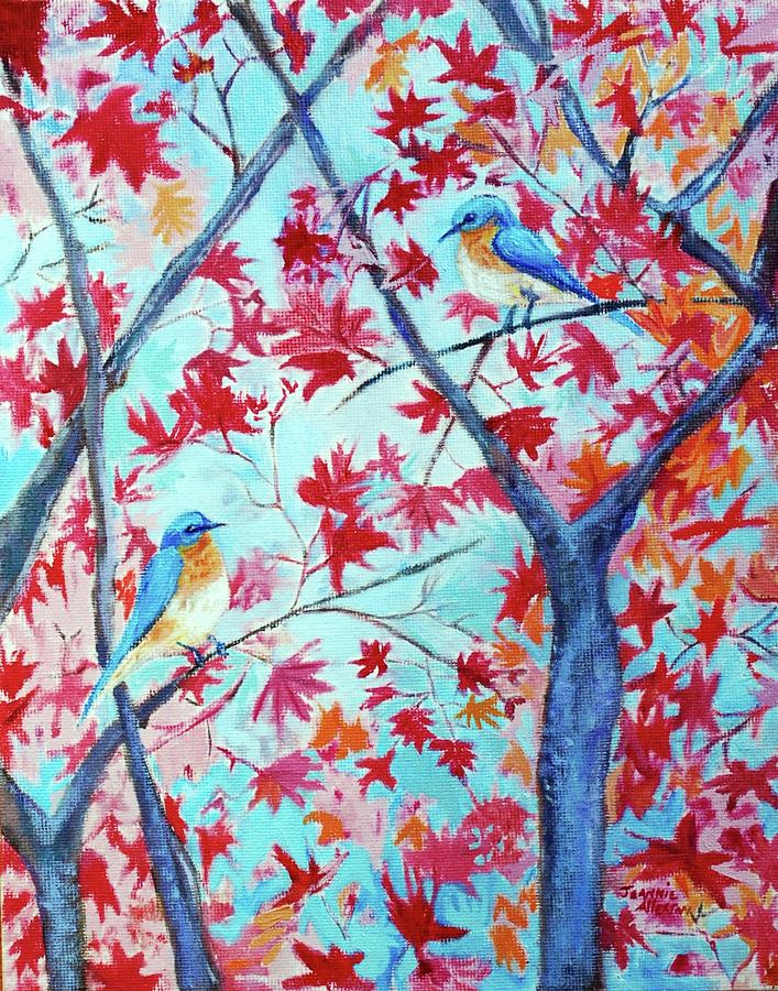 Bluebirds in the Red Maple Tree Painting by Jeannie Allerton