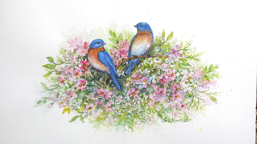 Bluebirds n Blossoms Painting by Lois Mountz