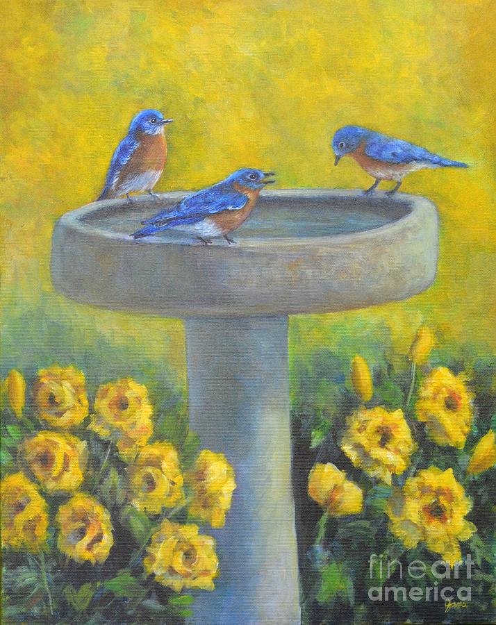 Bluebirds on Birdbath Painting by Jana Baker