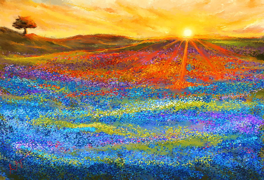 Bluebonnet Horizon - Bluebonnet Field Sunset Painting