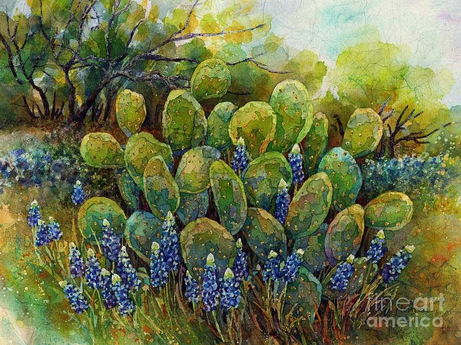 Bluebonnets And Cactus 2 Painting by Hailey E Herrera