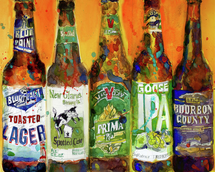 Bluepoint-NewGlarus- GooseIPA-Victory-BourbonCounty Combo Beer Art Print- Fancy Beer -Bar Poster Painting by Dorrie Rifkin