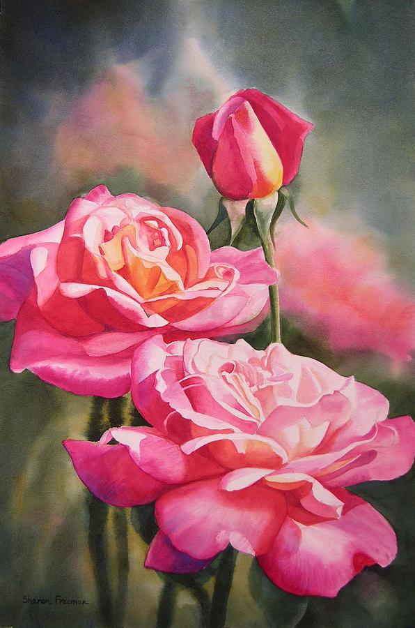 Rose Painting - Blushing Roses with Bud by Sharon Freeman