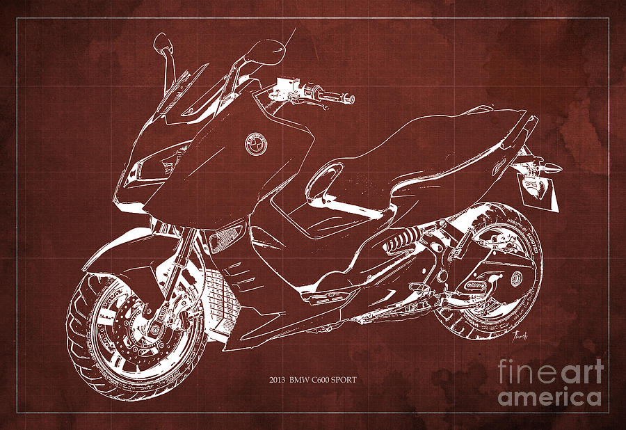 Bmw C600 Drawing - Bmw C600 Sport 2013 Blueprint Red And White Art Print by Drawspots Illustrations Bmw C600 Drawing - Bmw C600 Sport 2013 Blueprint Red And White Art Print by Drawspots Illustrations