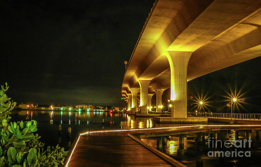 Boardwalk and Bridge at Night Photograph by Tom Claud