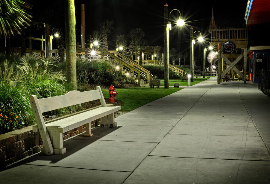 Boardwalk Bench At Night Photograph by Greg and Chrystal Mimbs