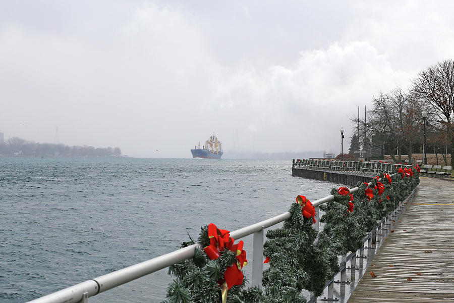 Boardwalk in Winter w Freighter Photograph by Mary Bedy