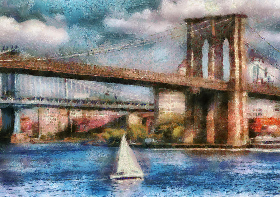 Boat - NY - Sailing under the Brooklyn Bridge Photograph by Mike Savad