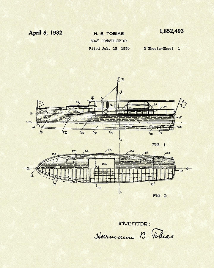 Boat 1932 Patent Art Drawing by Prior Art Design
